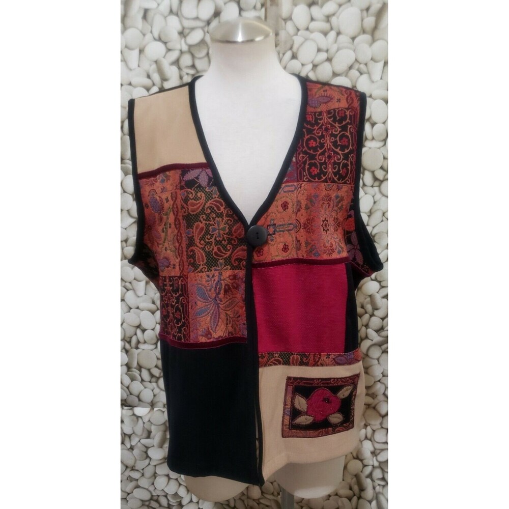 Napa Valley Vest Size XL Vintage Floral Black Red V Neck Sleeveless Tapestry